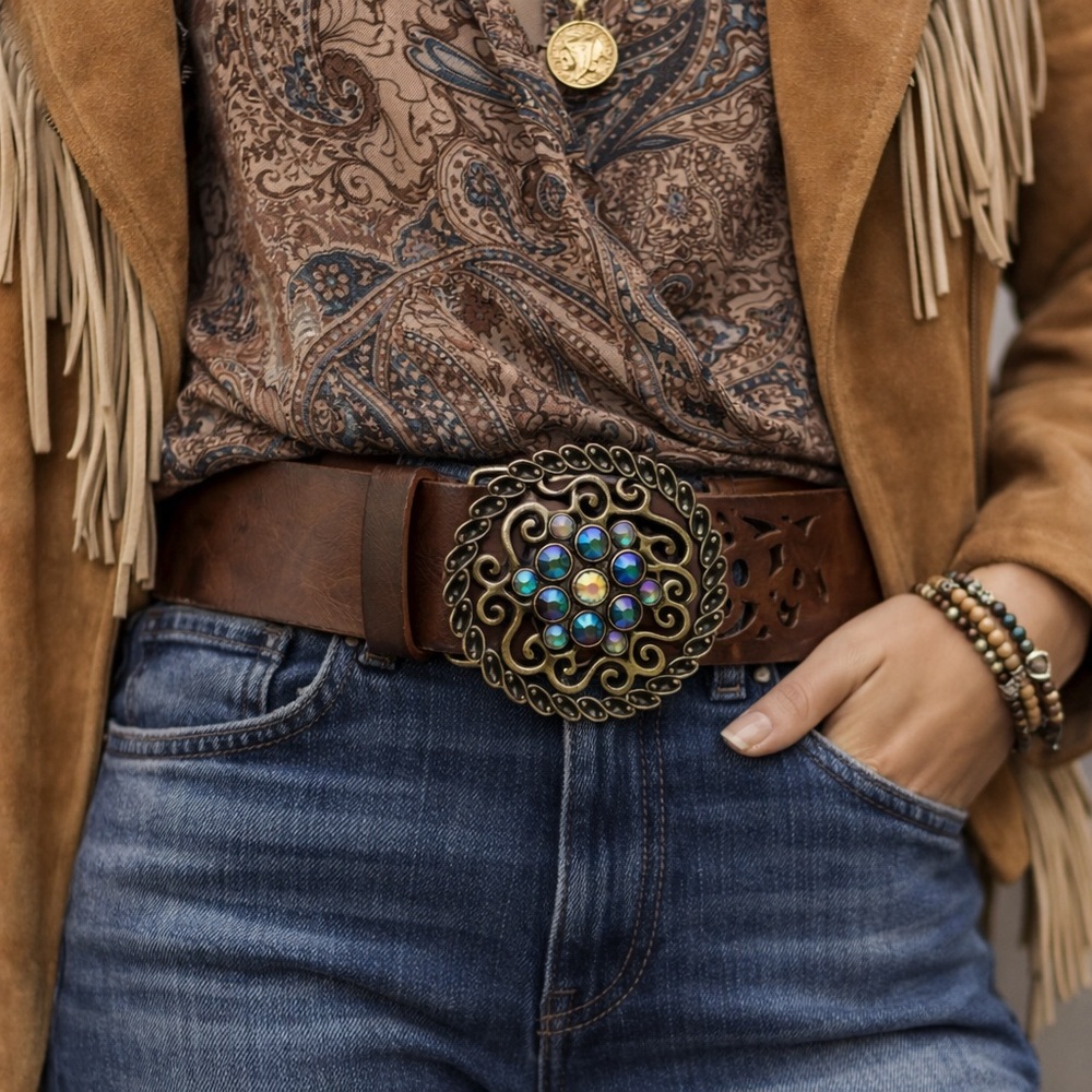 Boho Faux Leather Belt w/ Ornate Antique Brass Rhinestone Buckle | 41”
